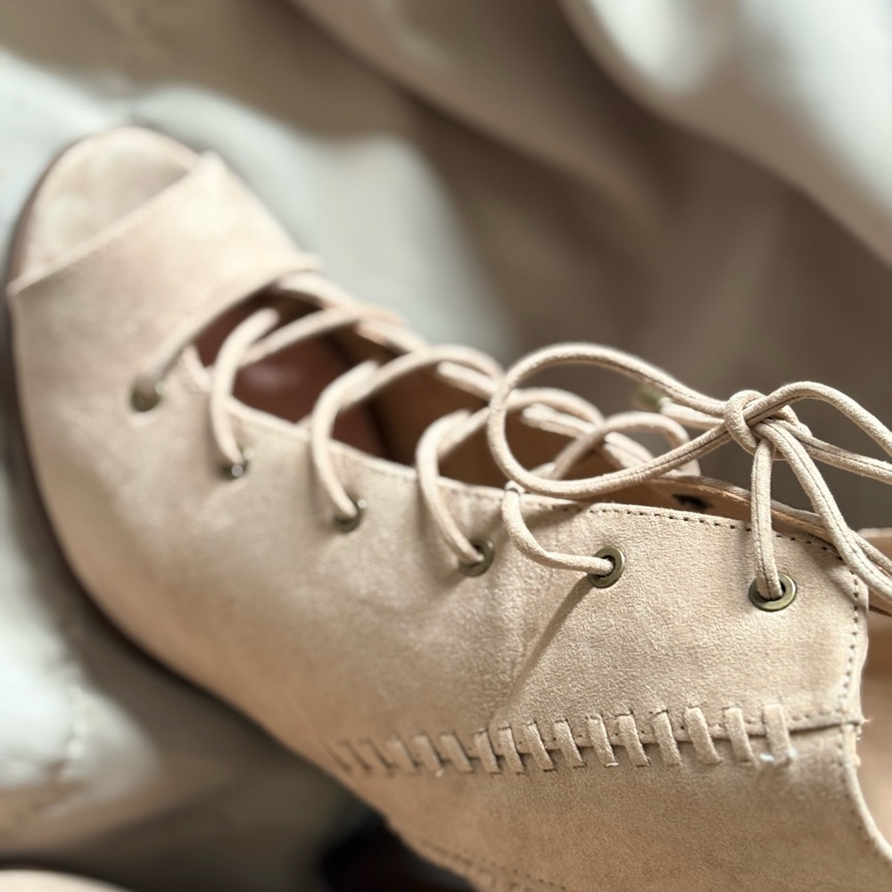 Mix No. 6 Lace-Up Peep Toe Block Heel Booties in Taupe - Picture 2 of 11